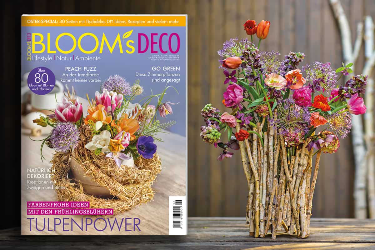 Magazin Blooms Deco März/ April 2024 neben Blumenarrangement mit Zweigegefäß aus Birke