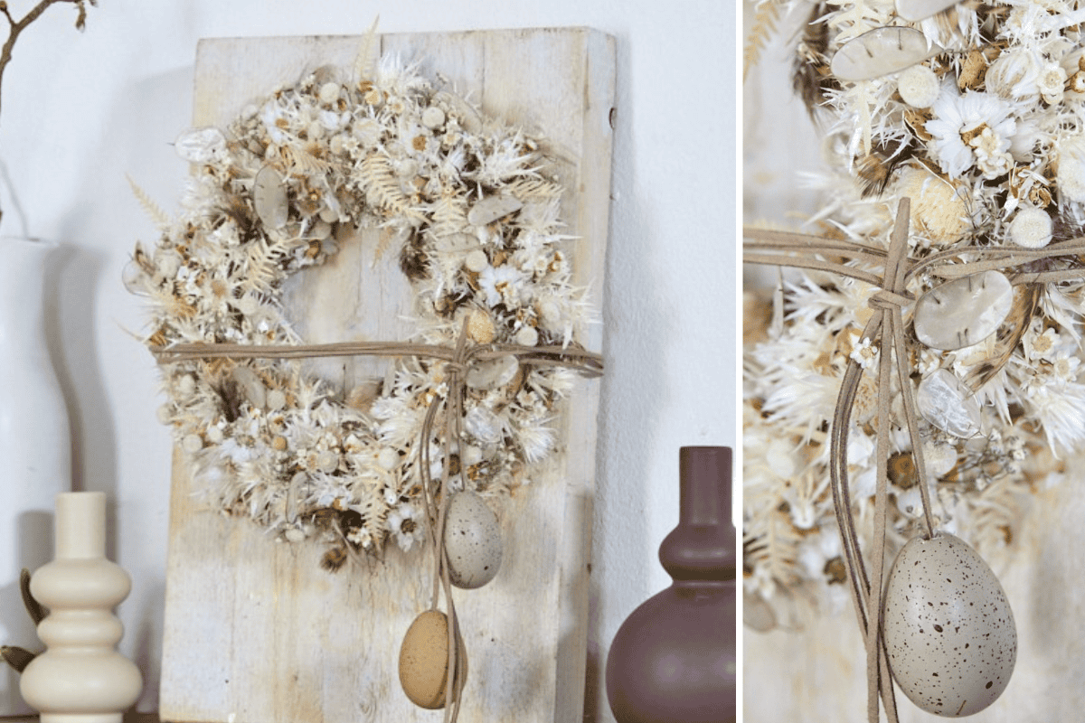 Collage: Osterkranz aus Trockenblumen in Beige