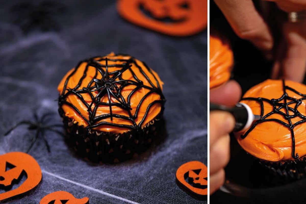 Spiderweb-Muffins mit Kürbiscreme