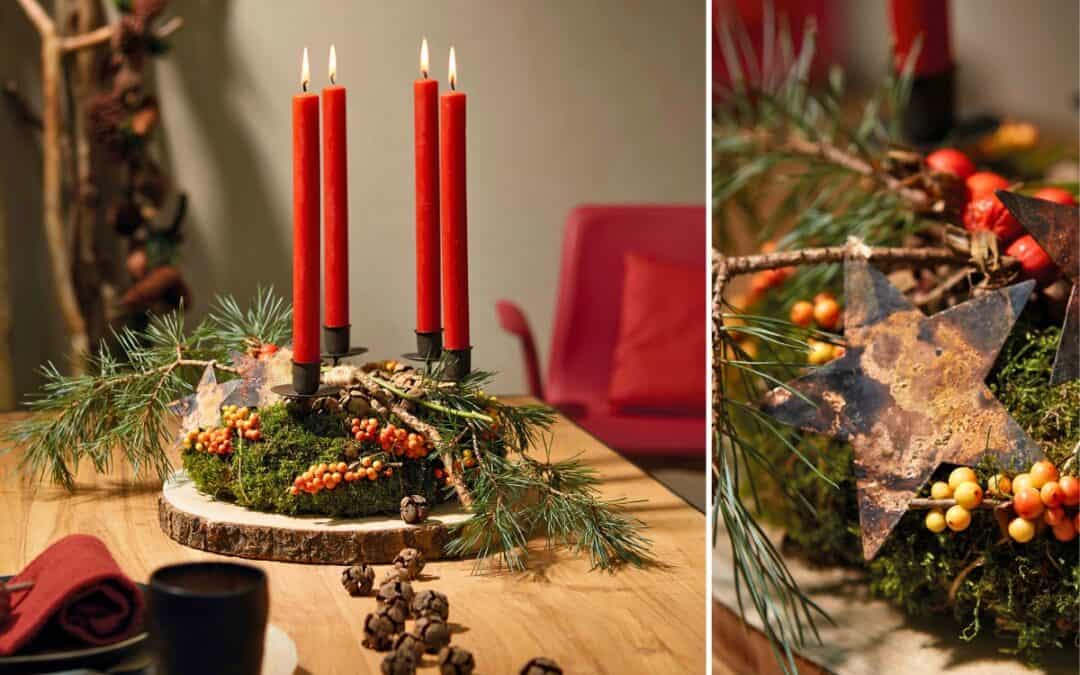 Adventskränze mit Fundstücken aus dem Wald