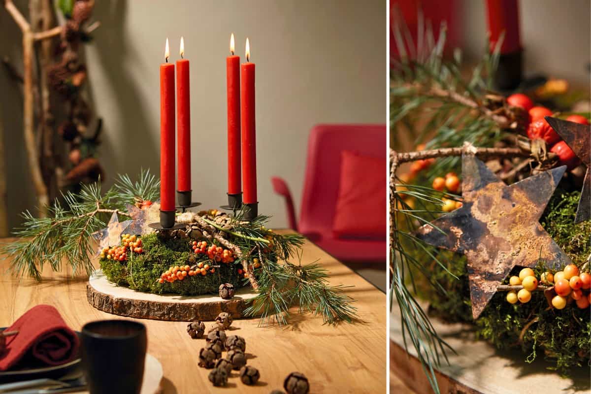 Adventskränze mit Fundstücken aus dem Wald